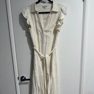 White linen button up dress with flutter sleeve